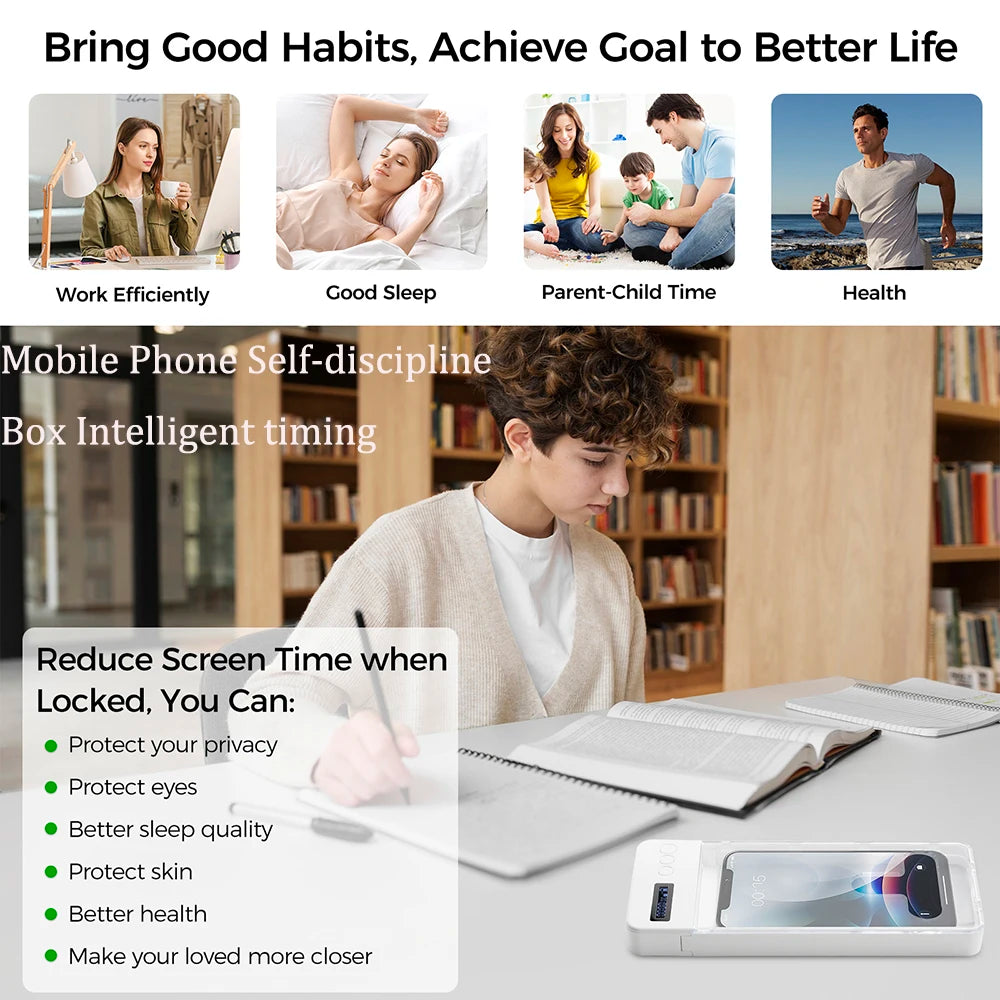 Transparent Phone Lock Box with Timer LCD Display T-Shaped Opening Phone Box Phone Locker Adults Students Self-Discipline Tools